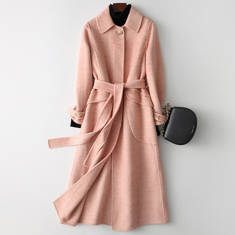 Cashmere Wool Blend Gathered Waist Women Overcoat