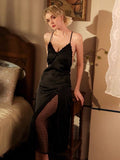 Satin Casual Nightgown, Silky Lace Lingerie, Long Pajama, Lace Negligee, Bridal Nightie
