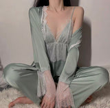 Sweetheart 3-Piece Satin Lace Pajama Set