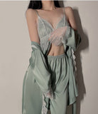 Sweetheart 3-Piece Satin Lace Pajama Set