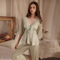 2 - Piece Satin Lace Lingerie Set, Pajama Set, Lace Gown, Long Lingerie, Bridal Nightwear