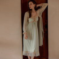 Long Lace Lingerie Set, Sheer Nightgown, Silky Robe, Dreaming Lingerie, Nightwear