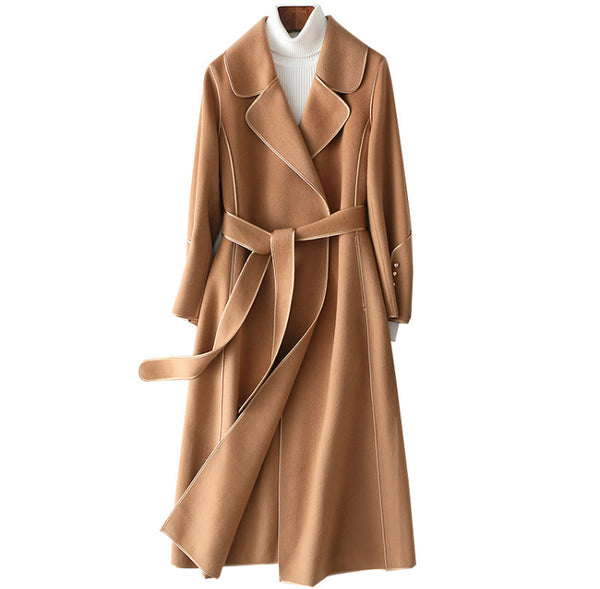 Women Wool Coat, Double-Sided Cashmere Coat Women's Mid-Length Over-The-Knee Wool Coat