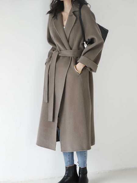 Women Wool Coat, Double-Sided Cashmere Coat Women's Long Over-The-Knee Wool Coat