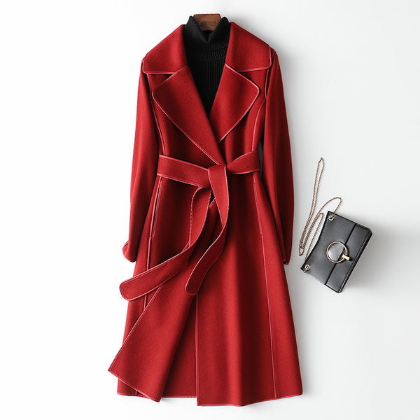 Women Wool Coat, Double-Sided Cashmere Coat Women's Mid-Length Over-The-Knee Wool Coat