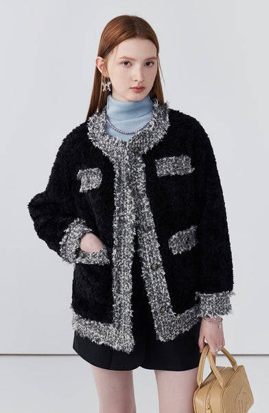 Retro round neck stitching women fur coat winter thickened cotton coat