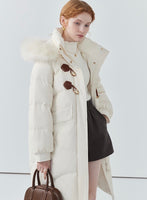 Women's fur collar leather button long down jacket