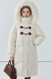 Women's fur collar leather button long down jacket