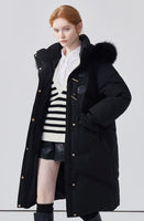 Women's fur collar leather button long down jacket