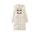 Women's fur collar leather button long down jacket