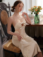 Satin Ruffle Nightgown, Silky Long Lingerie, Pajama, Lace Robe, Bridal Nightie