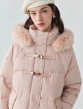 Fur collar hooded white duck down jacket women's long warm jacket