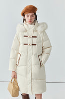 Fur collar hooded white duck down jacket women's long warm jacket