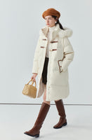 Fur collar hooded white duck down jacket women's long warm jacket