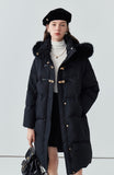 Fur collar hooded white duck down jacket women's long warm jacket