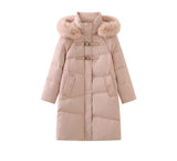 Fur collar hooded white duck down jacket women's long warm jacket