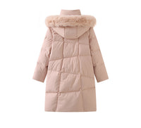 Fur collar hooded white duck down jacket women's long warm jacket