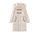 Fur collar hooded white duck down jacket women's long warm jacket