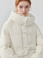 Horn button hooded mid-length down jacket for women niche thickened white duck down winter