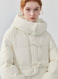 Horn button hooded mid-length down jacket for women niche thickened white duck down winter