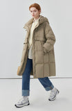 Horn button hooded mid-length down jacket for women niche thickened white duck down winter