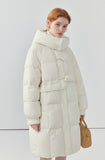 Horn button hooded mid-length down jacket for women niche thickened white duck down winter