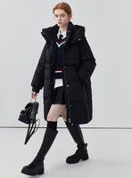 Horn button hooded mid-length down jacket for women niche thickened white duck down winter