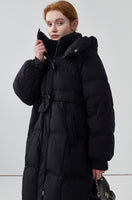 Horn button hooded mid-length down jacket for women niche thickened white duck down winter