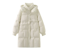 Horn button hooded mid-length down jacket for women niche thickened white duck down winter