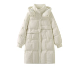 Horn button hooded mid-length down jacket for women niche thickened white duck down winter