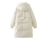 Horn button hooded mid-length down jacket for women niche thickened white duck down winter