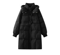 Horn button hooded mid-length down jacket for women niche thickened white duck down winter