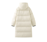 Women's hooded drawstring double pocket long white duck down down jacket