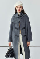 Leather button knitted scarf coat for women petite long double-sided woolen coat