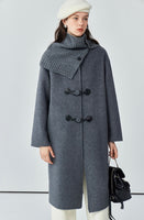 Leather button knitted scarf coat for women petite long double-sided woolen coat