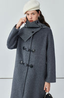 Leather button knitted scarf coat for women petite long double-sided woolen coat