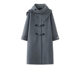 Leather button knitted scarf coat for women petite long double-sided woolen coat