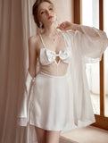 Satin Bow See Through Nightgown, Silky Long Lingerie, Pajama, Lace Robe, Bridal Nightie