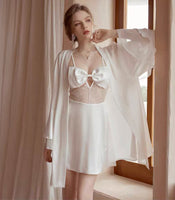 Satin Bow See Through Nightgown, Silky Long Lingerie, Pajama, Lace Robe, Bridal Nightie