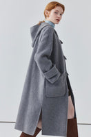 Hooded horn button long double-sided woolen coat women's sheep wool coat autumn/ winter