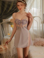 Satin Nightgown, Embroidery See Through Nightie, Lingerie, Pajama, Loungewear