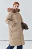 Hooded horn button mid-length down jacket for women khaki white duck down jacket