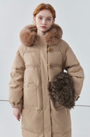 Hooded horn button mid-length down jacket for women khaki white duck down jacket