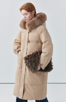 Hooded horn button mid-length down jacket for women khaki white duck down jacket