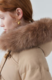 Hooded horn button mid-length down jacket for women khaki white duck down jacket