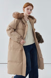 Hooded horn button mid-length down jacket for women khaki white duck down jacket