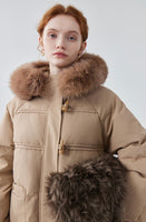 Hooded horn button mid-length down jacket for women khaki white duck down jacket