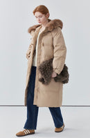 Hooded horn button mid-length down jacket for women khaki white duck down jacket