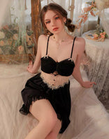Princess Satin Chiffon Nightgown, Silky Lingerie, Pajama, Lace Robe, Bridal Nightie