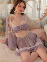 Princess Satin Chiffon Nightgown, Silky Lingerie, Pajama, Lace Robe, Bridal Nightie